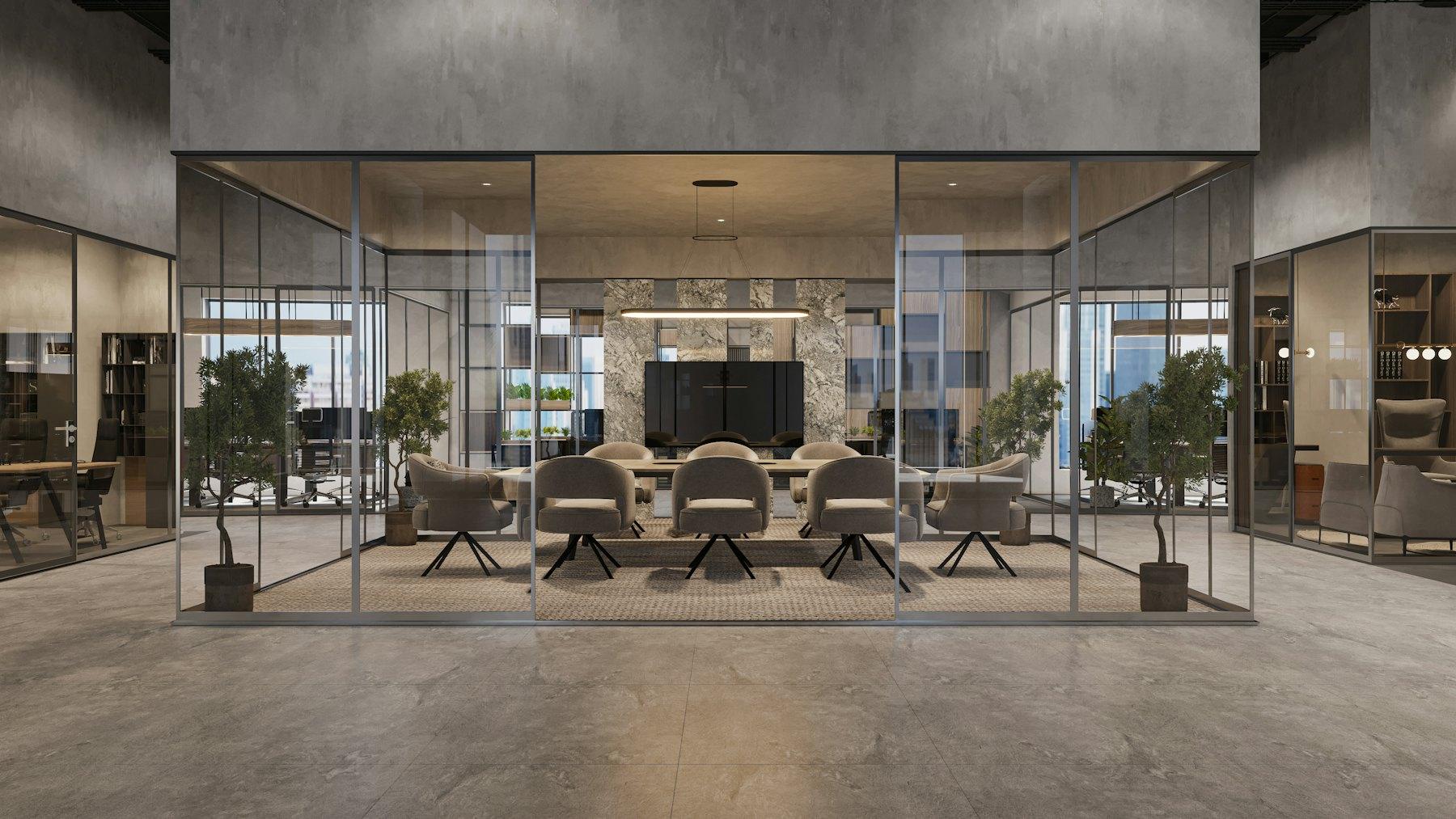 Glass-walled meeting room in a modern office