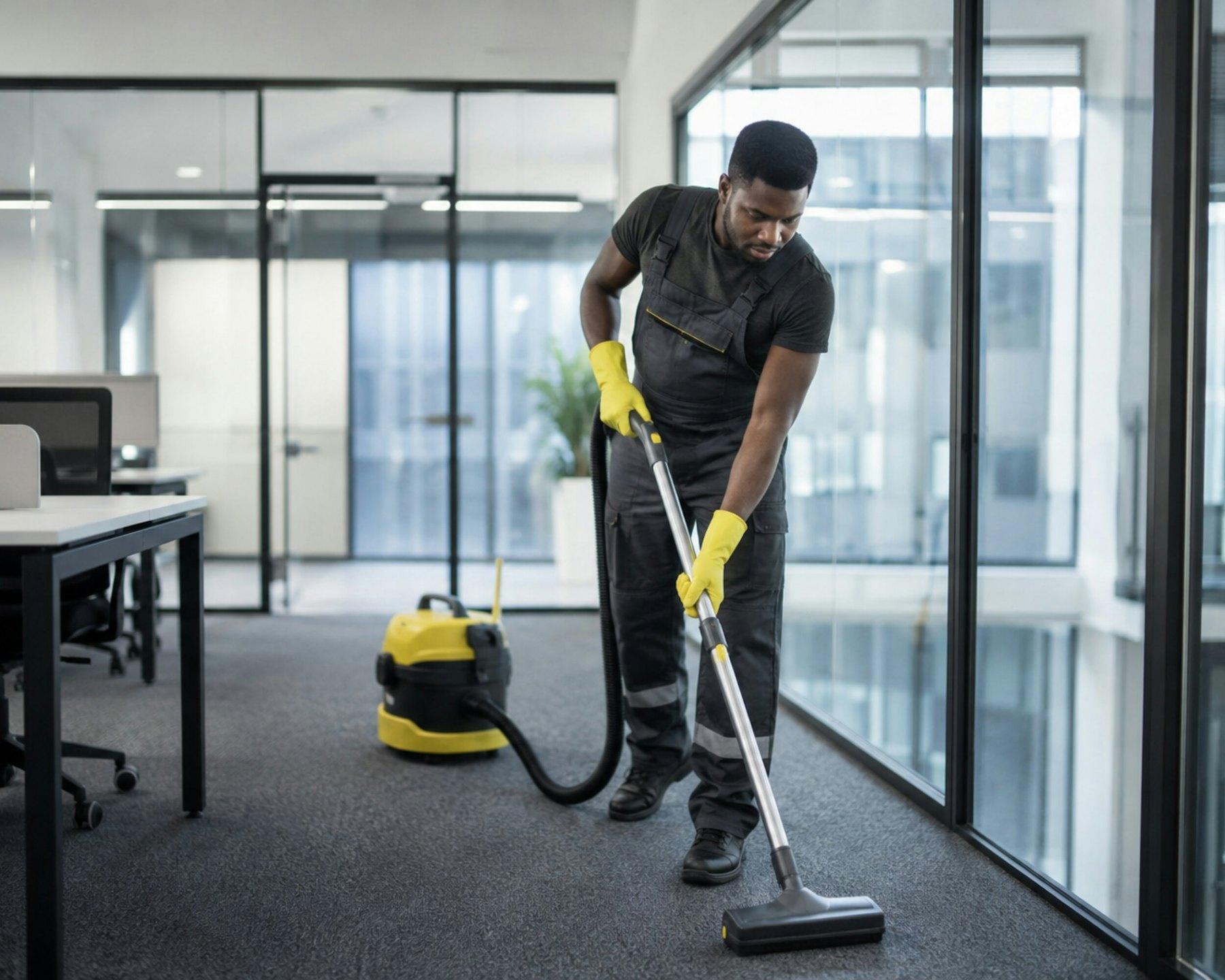Cleaner vacuuming a carpeted office floor